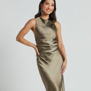 MIDI DRESS - HIGH NECK CROSS BACK SATIN SLIP DRESS IN OLIVE